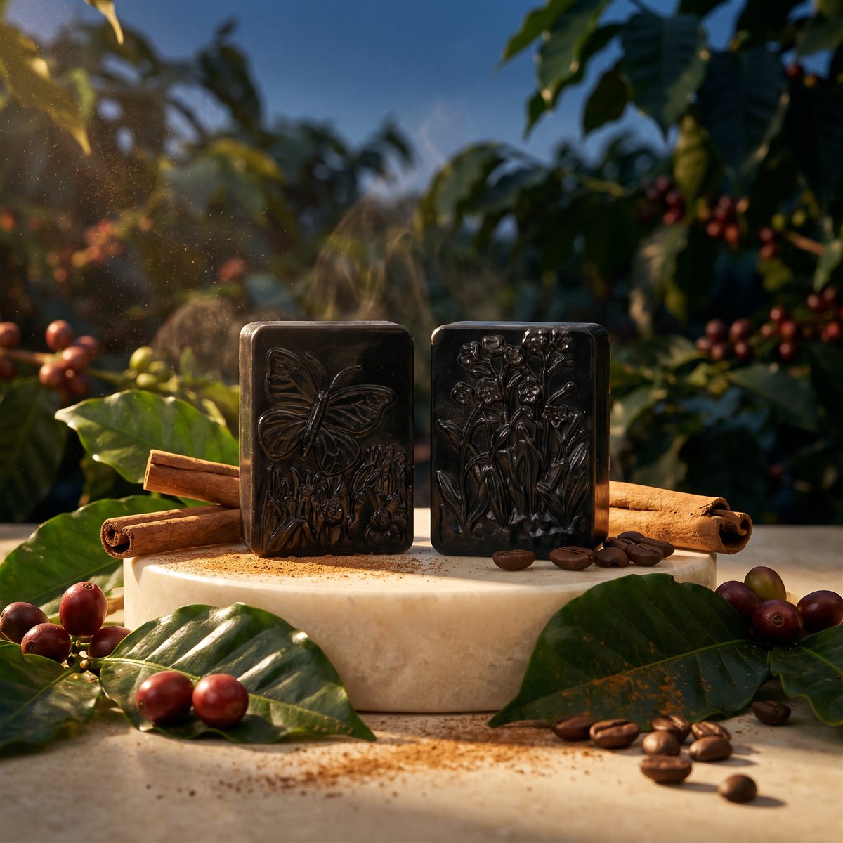 Dark coffee and cinnamon soap bars among coffee plants